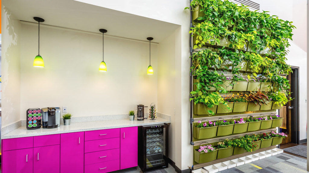 DRINK IT IN: Beverage service (and brilliant magenta cabinetry) just off the main reception area