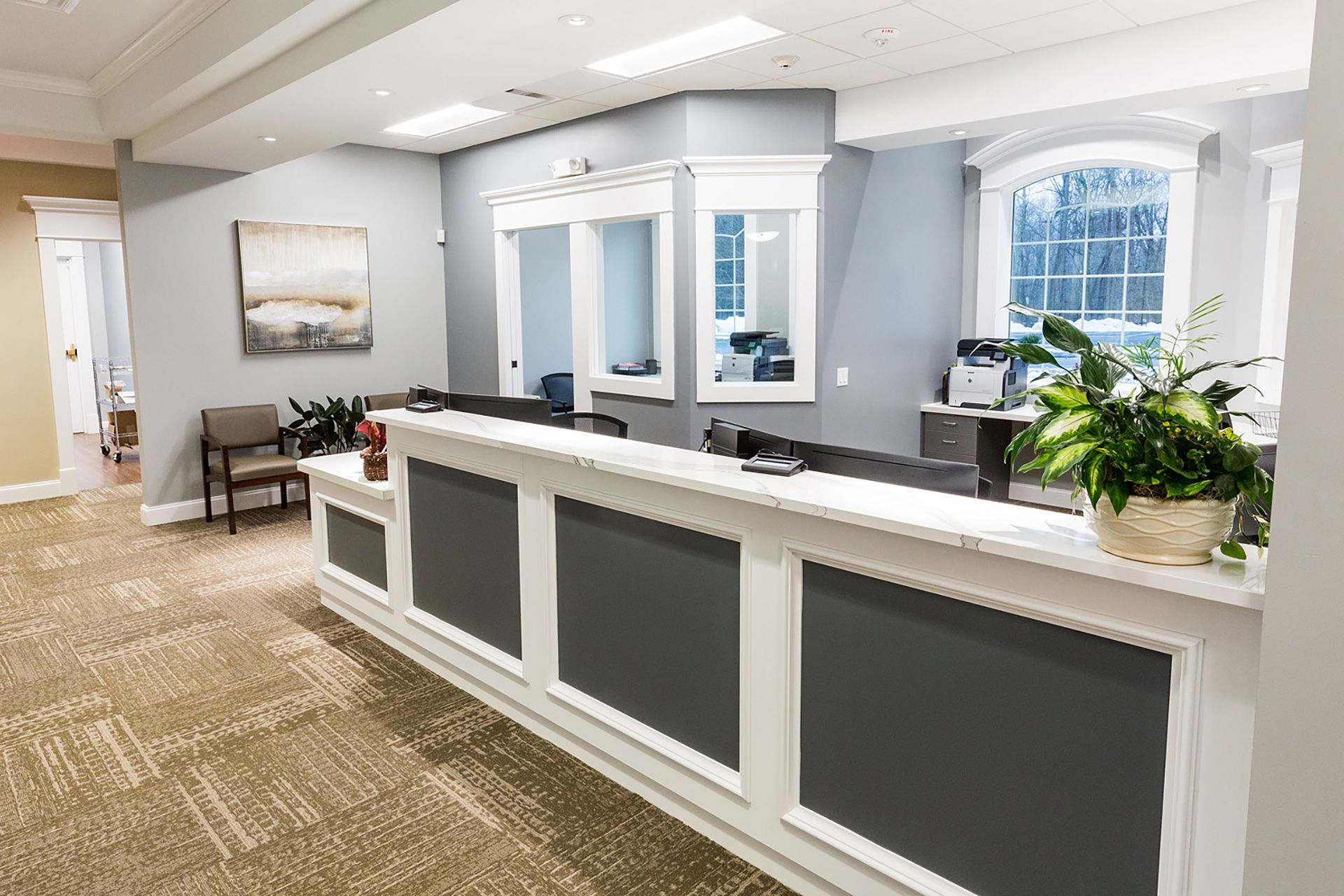 the light stuff: Just inside a beautiful stone entryway, the spacious, well-illuminated reception area welcomes patients.