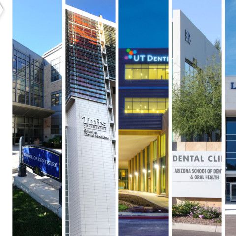 the phrase 10 dental student influencers alongside images of 6 dental school exteriors.
