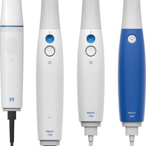 FAMILY EVOLUTION: The i900 (far left) is Medit’s smallest, lightest scanner to date.
