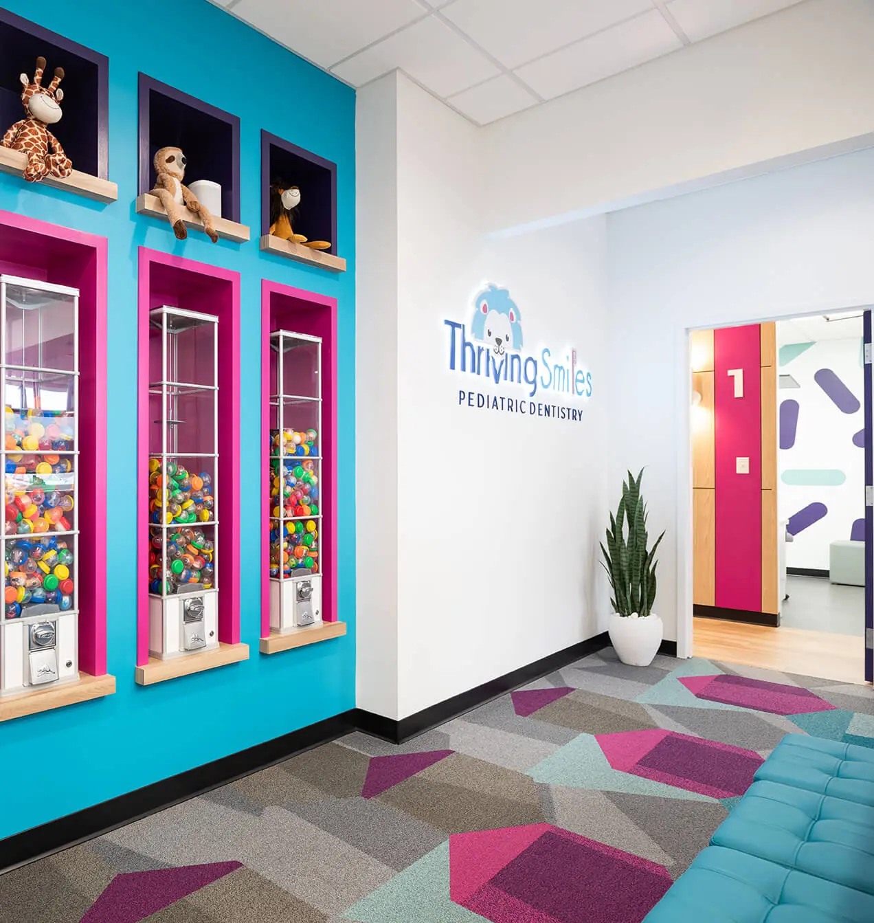 Sweet integration: “I wanted the prize machines to be a statement, not an afterthought,” Dr. Boukas says. The wall was designed accordingly. 