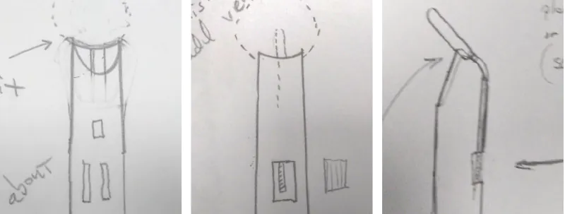 Part inspiration, part perspiration: Dr. Johnston’s initial drawings showed all the major features of the HVE Mirror Connect Kit, including an early idea of how the mirror might securely lock into place. 