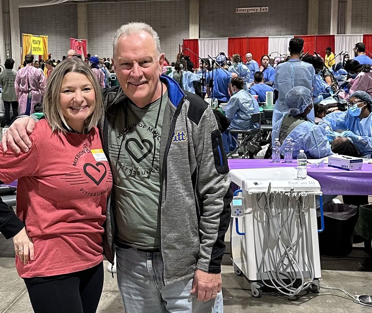 ACTS OF MERCY: Ohio Valley territory representative Angie Hines (left) and retired Ohio Valley TR Jim Stoyanoff volunteered at Mission of Mercy in Pittsburgh, supporting treatment for more than 2,000 patients while managing central supply and helping assemble some 2,000-plus bags of food for distribution. 