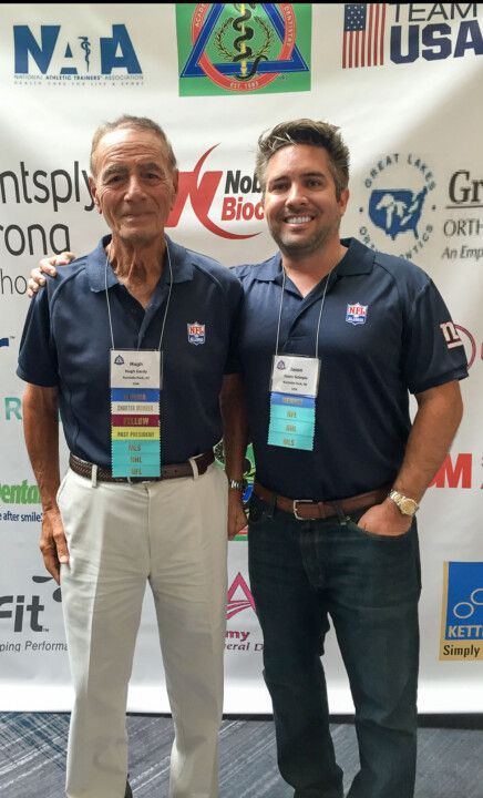 A legacy ENDURES: (Above) Dr. Schepis with his mentor and friend, the pioneering sports dentist Dr. H. Hugh Gardy. (Below) Rinkside with his family.