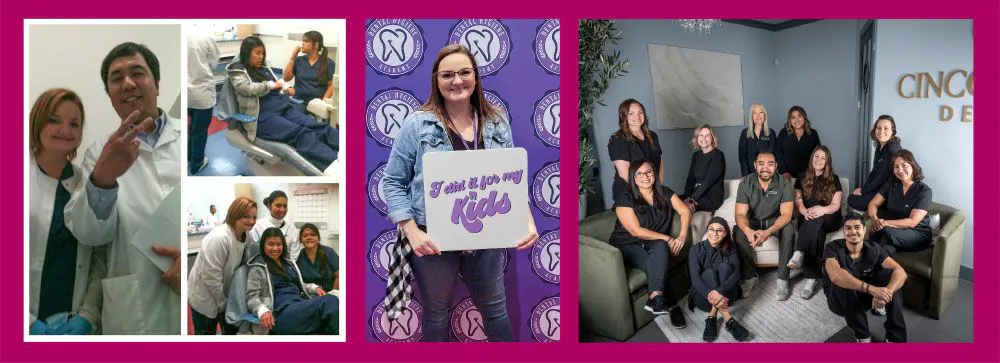 CAN’T STOP, WON’T STOP: (From left) Nawara with colleagues during her early years in dentistry; celebrating a hard-earned achievement in hygiene school, driven by the motivation to succeed for her children; and with the team at Cinco Ranch Dental in Katy, Texas.