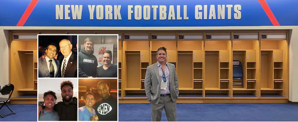 AMONG GIANTS: (Inset, clockwise from top left) Dr. Jason Schepis with legendary New York Giants head coach Tom Coughlin, quarterback Daniel Jones, defensive end Osi Umenyiora and wide receiver Odell Beckham Jr.